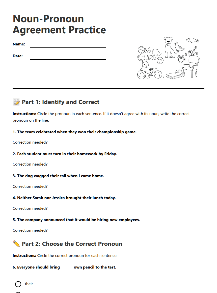 Noun-Pronoun Agreement Practice worksheet preview