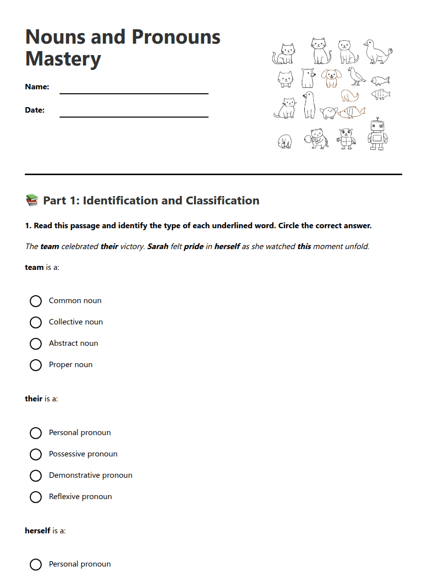 Nouns and Pronouns Mastery worksheet preview