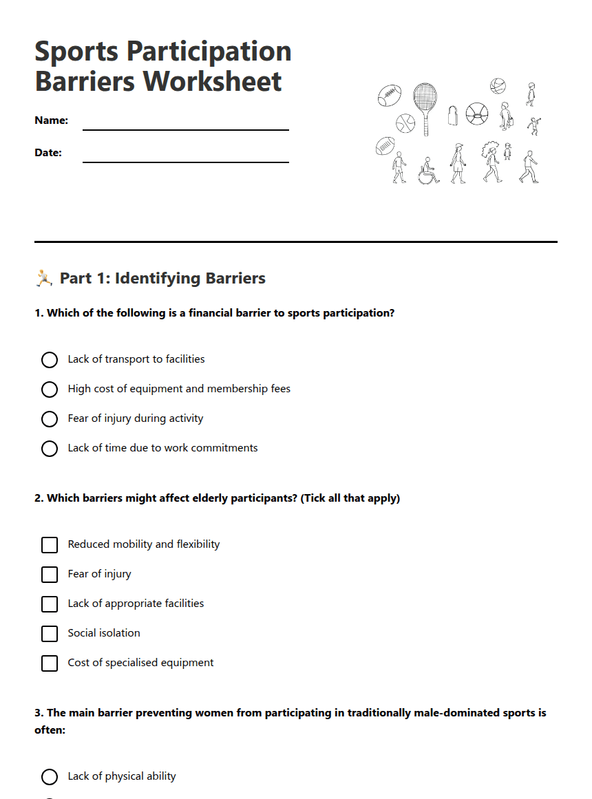 Sports Participation Barriers Worksheet worksheet preview