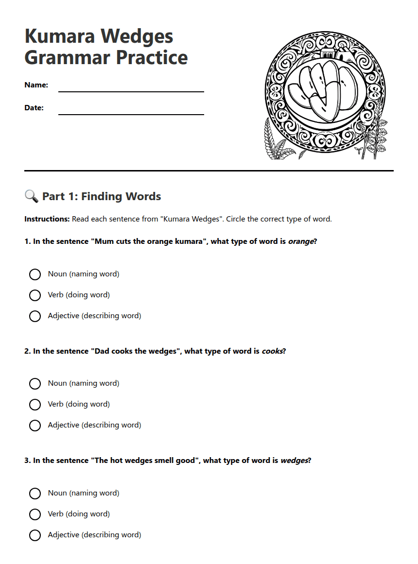Kumara Wedges Grammar Practice worksheet preview
