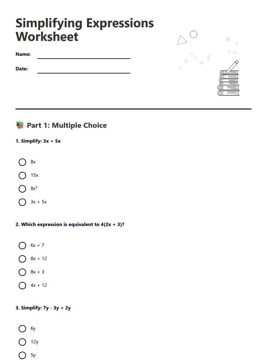 Simplifying Expressions Worksheet worksheet preview
