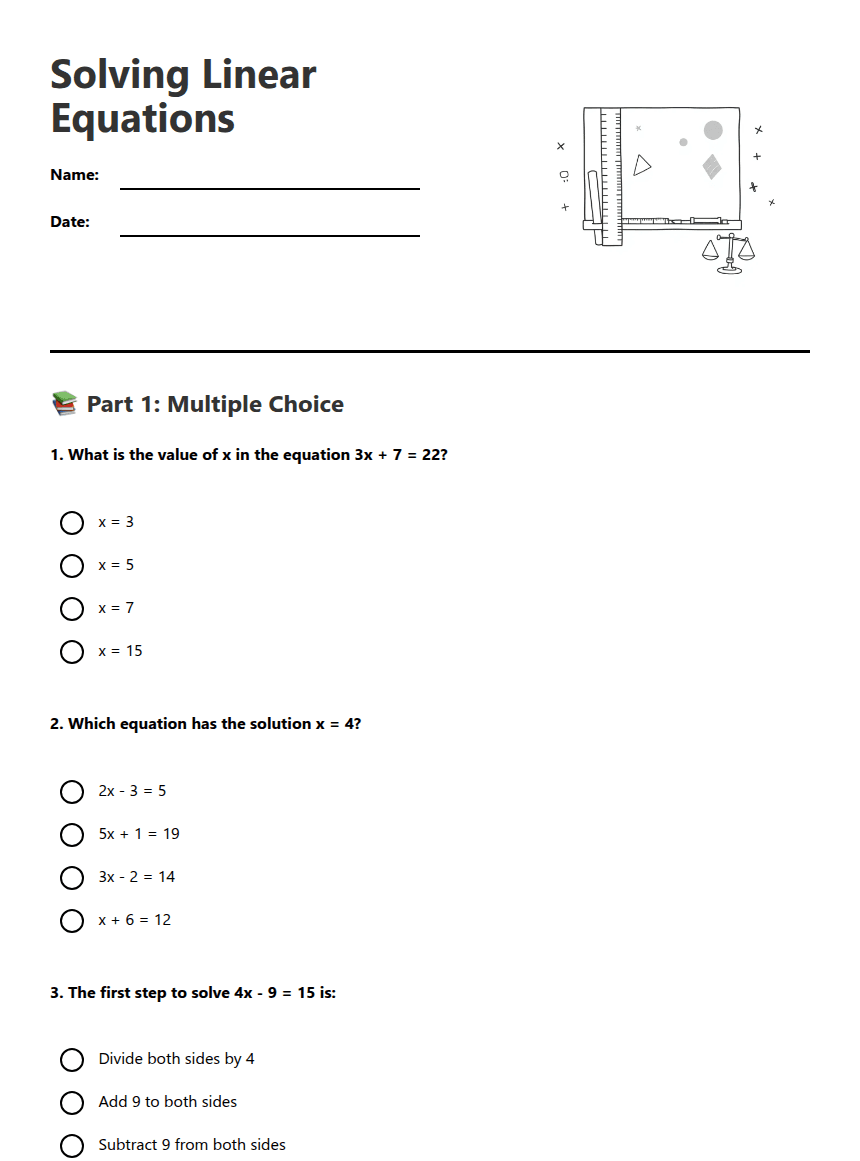 Solving Linear Equations worksheet preview