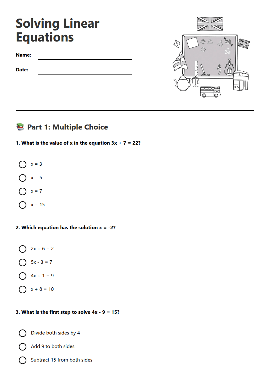 Solving Linear Equations worksheet preview