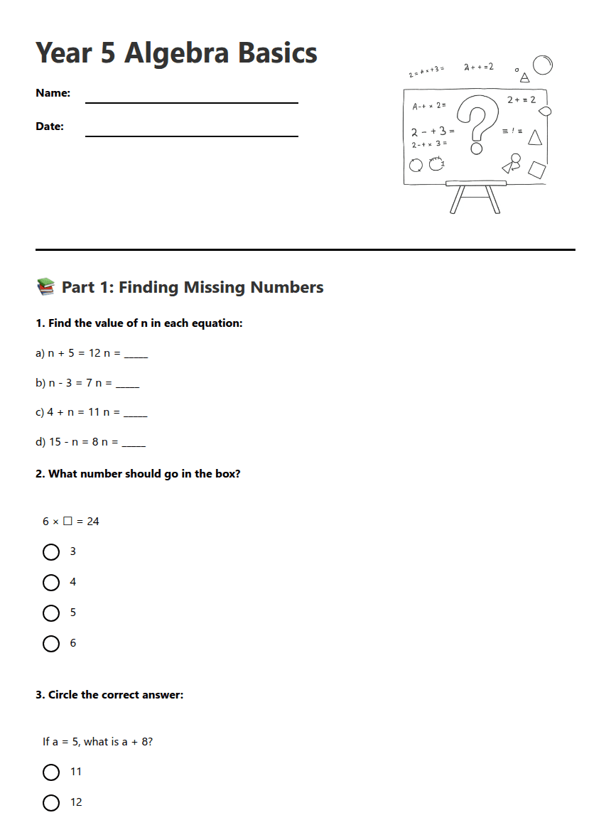 Year 5 Algebra Basics worksheet preview