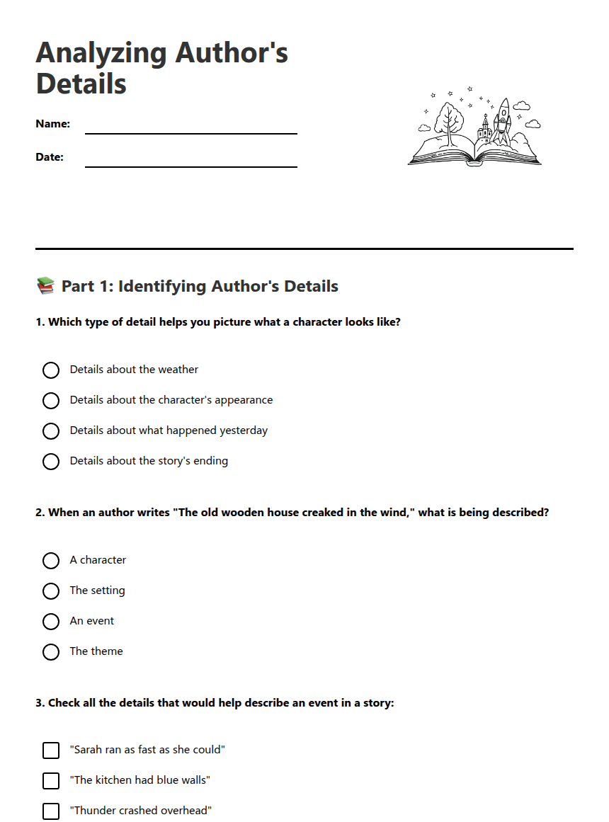 Analyzing Author's Details worksheet preview