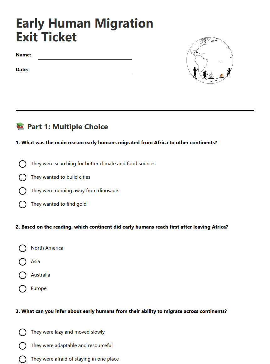 Early Human Migration Exit Ticket worksheet preview