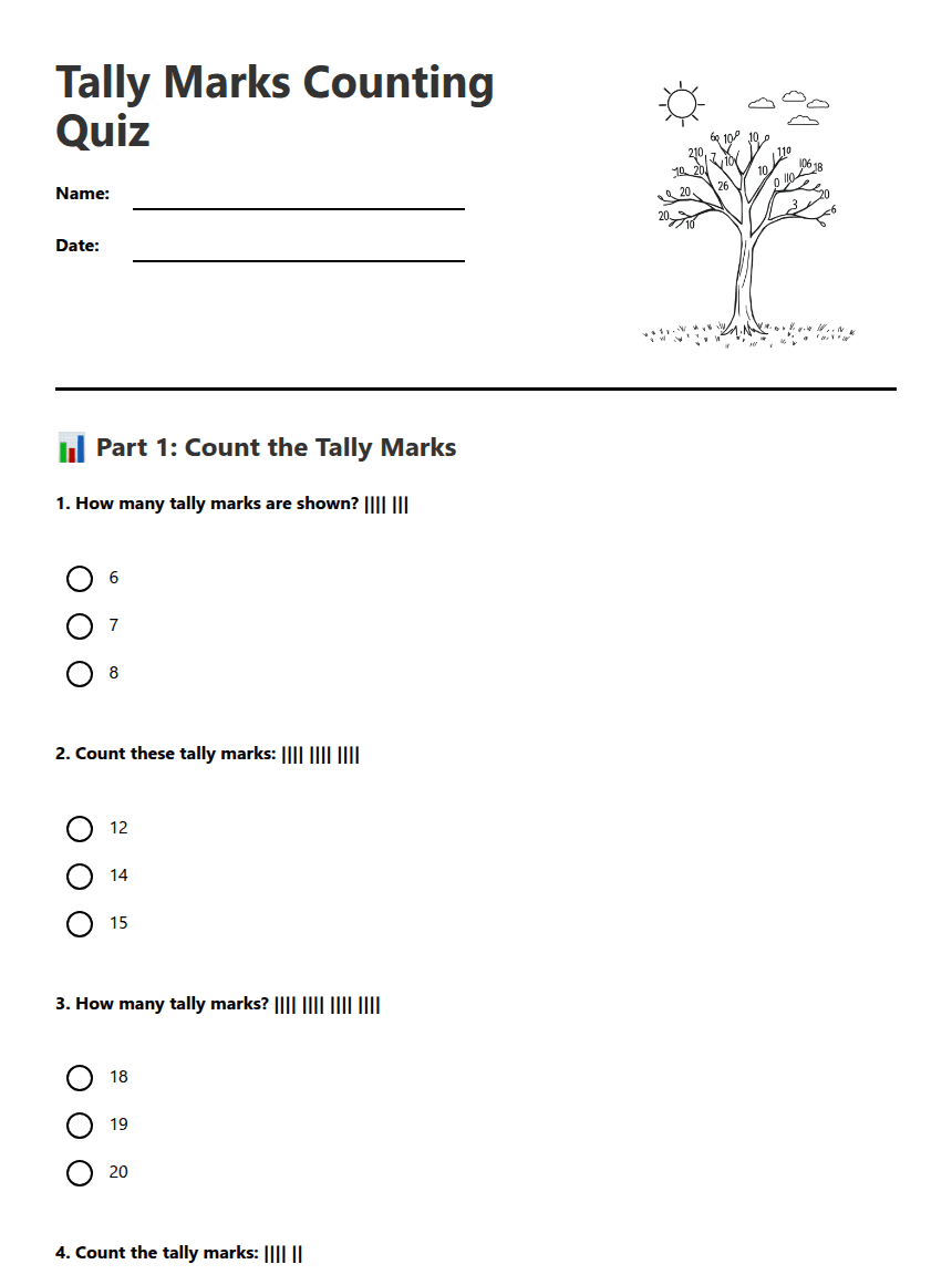 Tally Marks Counting Quiz worksheet preview