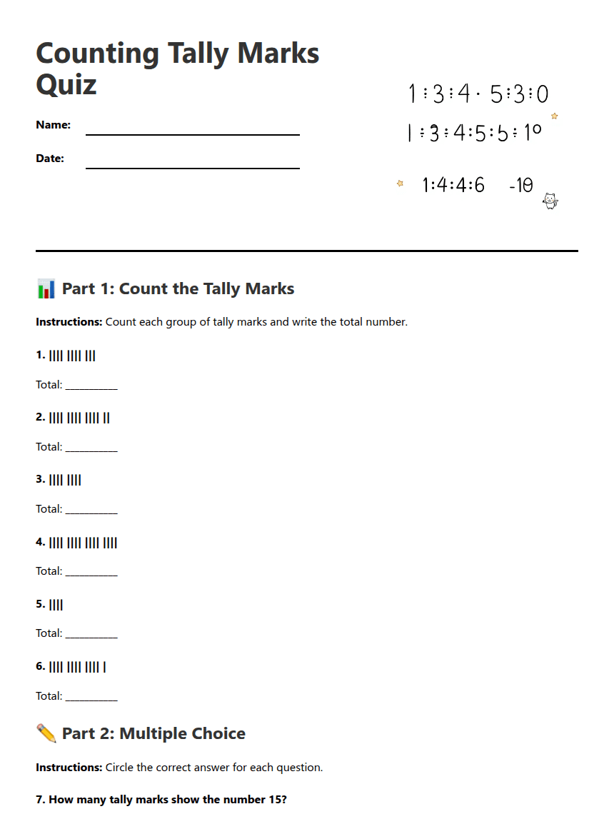 Counting Tally Marks Quiz worksheet preview