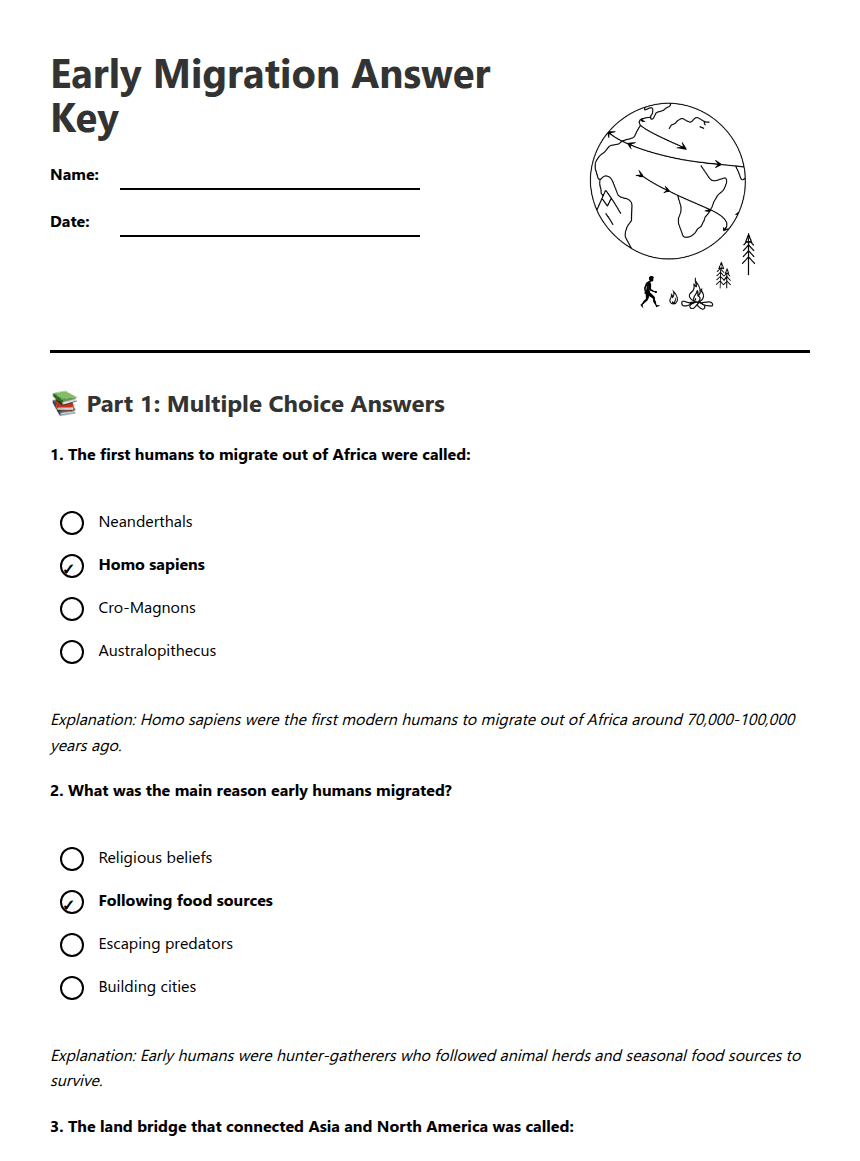 Early Migration Answer Key worksheet preview