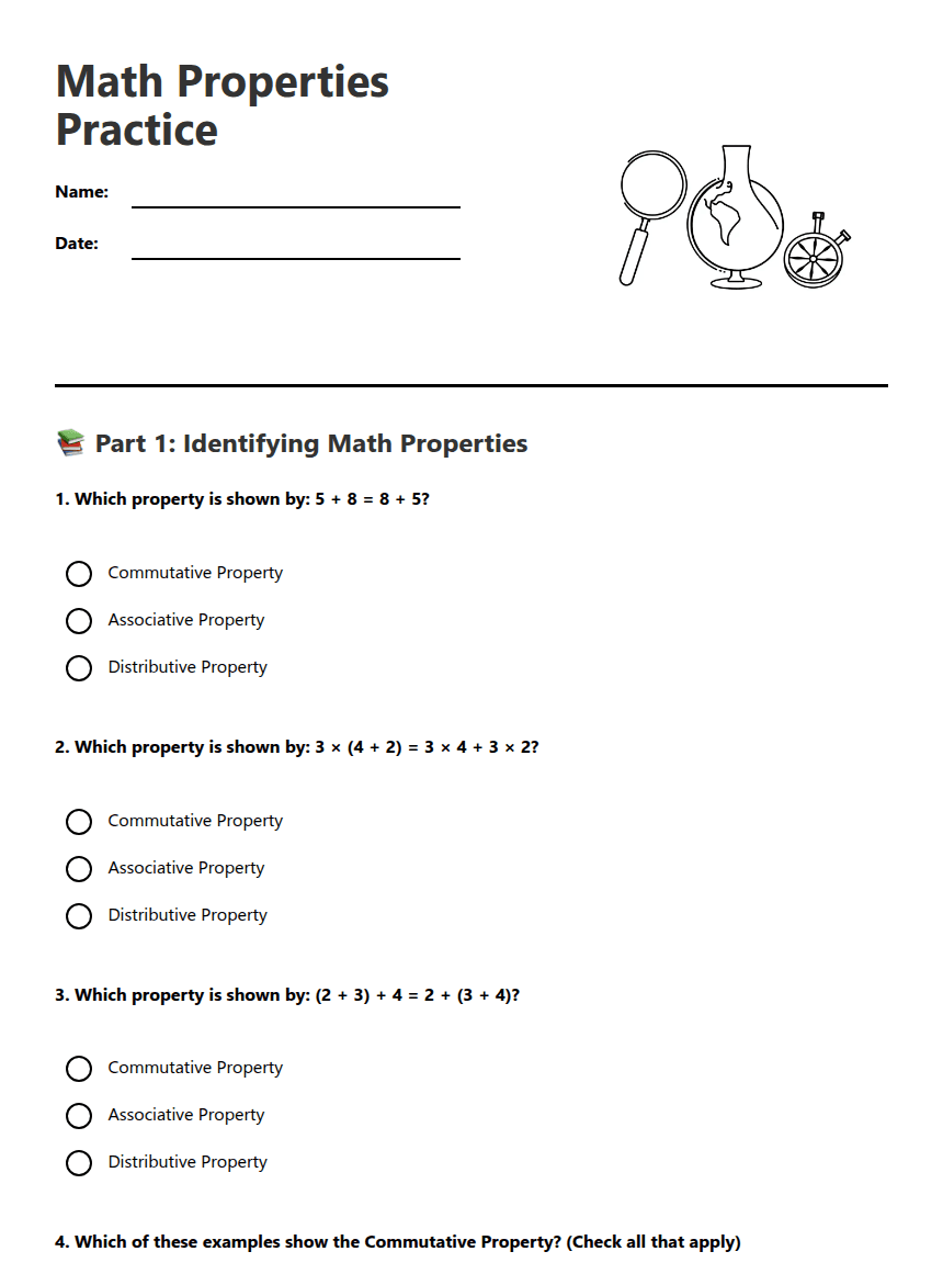 Math Properties Practice worksheet preview