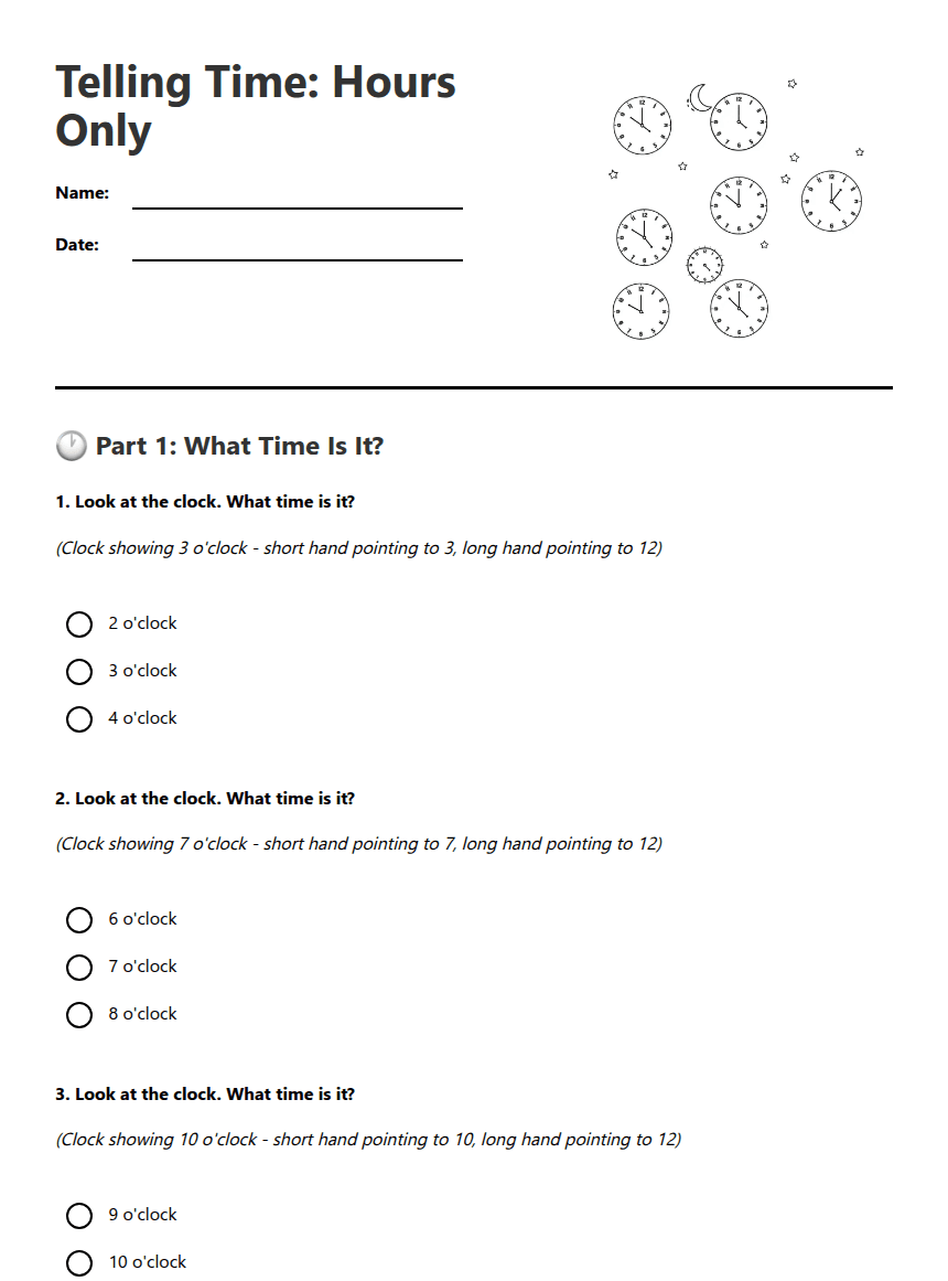 Telling Time: Hours Only worksheet preview