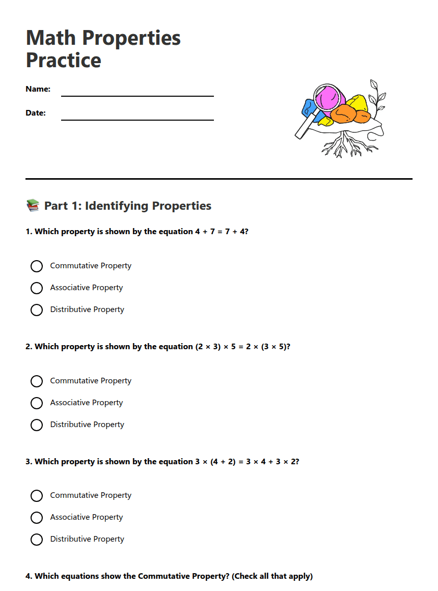 Math Properties Practice worksheet preview