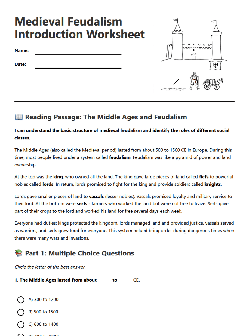 Medieval Feudalism Introduction Worksheet