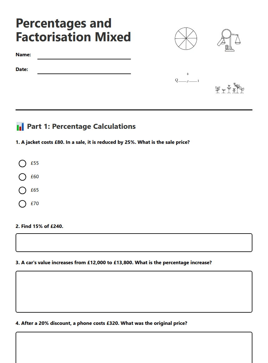 Percentages and Factorisation Mixed worksheet preview