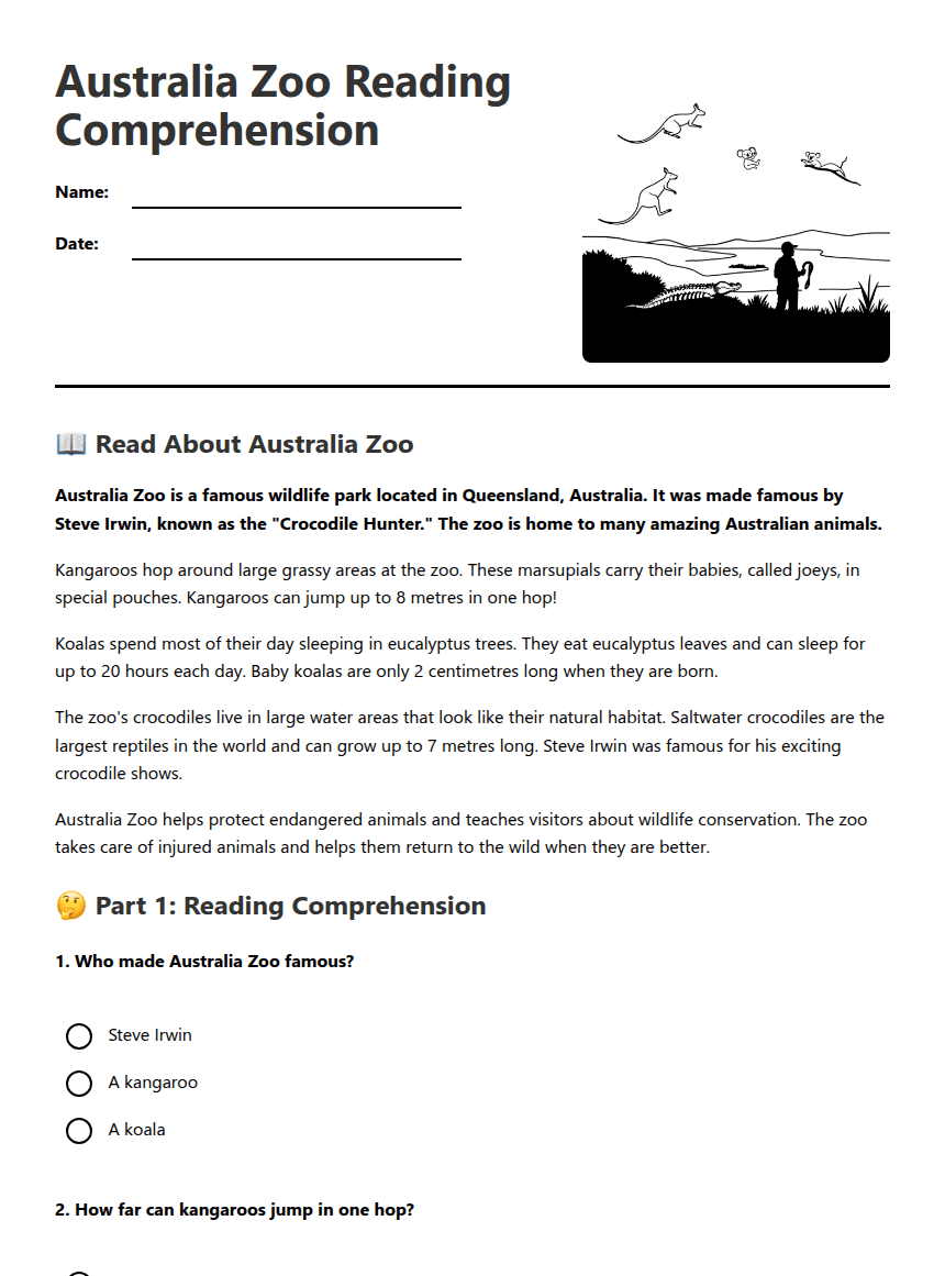 Australia Zoo Reading Comprehension worksheet preview