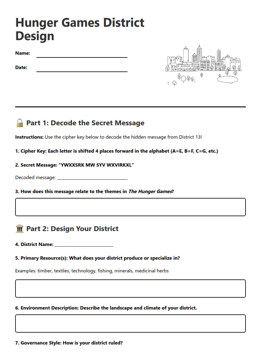 Hunger Games District Design worksheet preview
