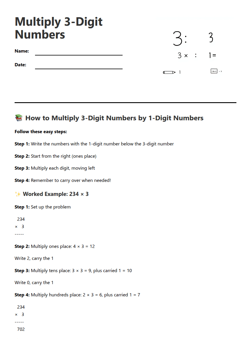 Multiply 3-Digit Numbers worksheet preview