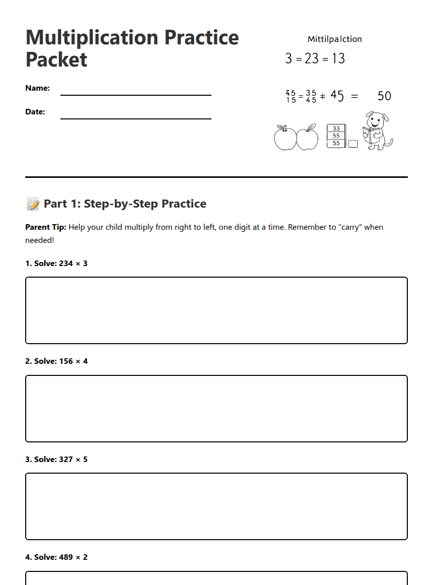 Multiplication Practice Packet worksheet preview