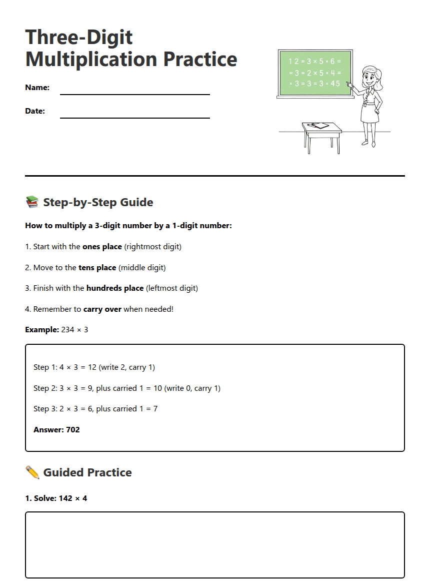 Three-Digit Multiplication Practice worksheet preview