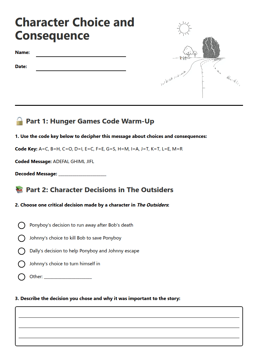 Character Choice and Consequence worksheet preview