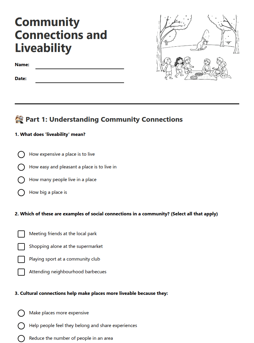 Community Connections and Liveability worksheet preview