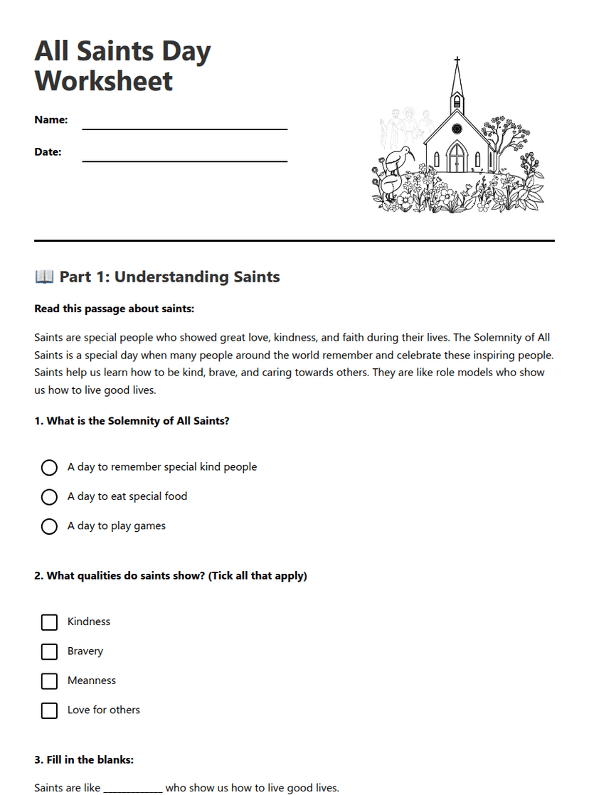All Saints Day Worksheet