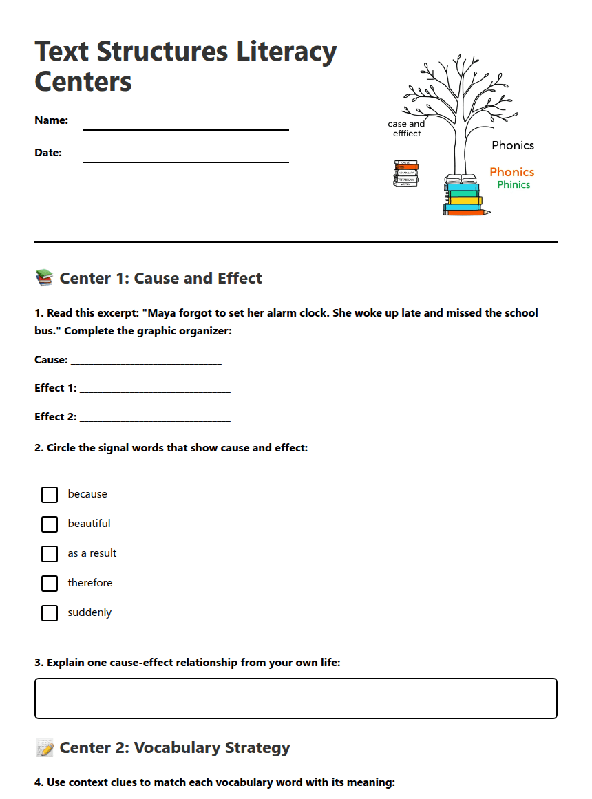 Text Structures Literacy Centers worksheet preview