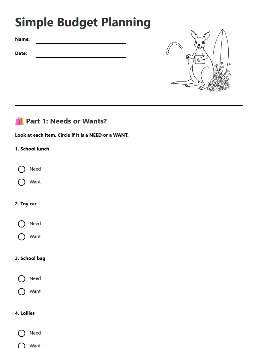 Simple Budget Planning worksheet preview