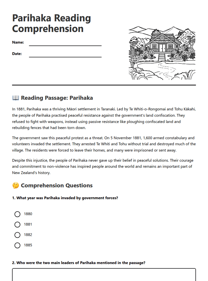 Parihaka Reading Comprehension