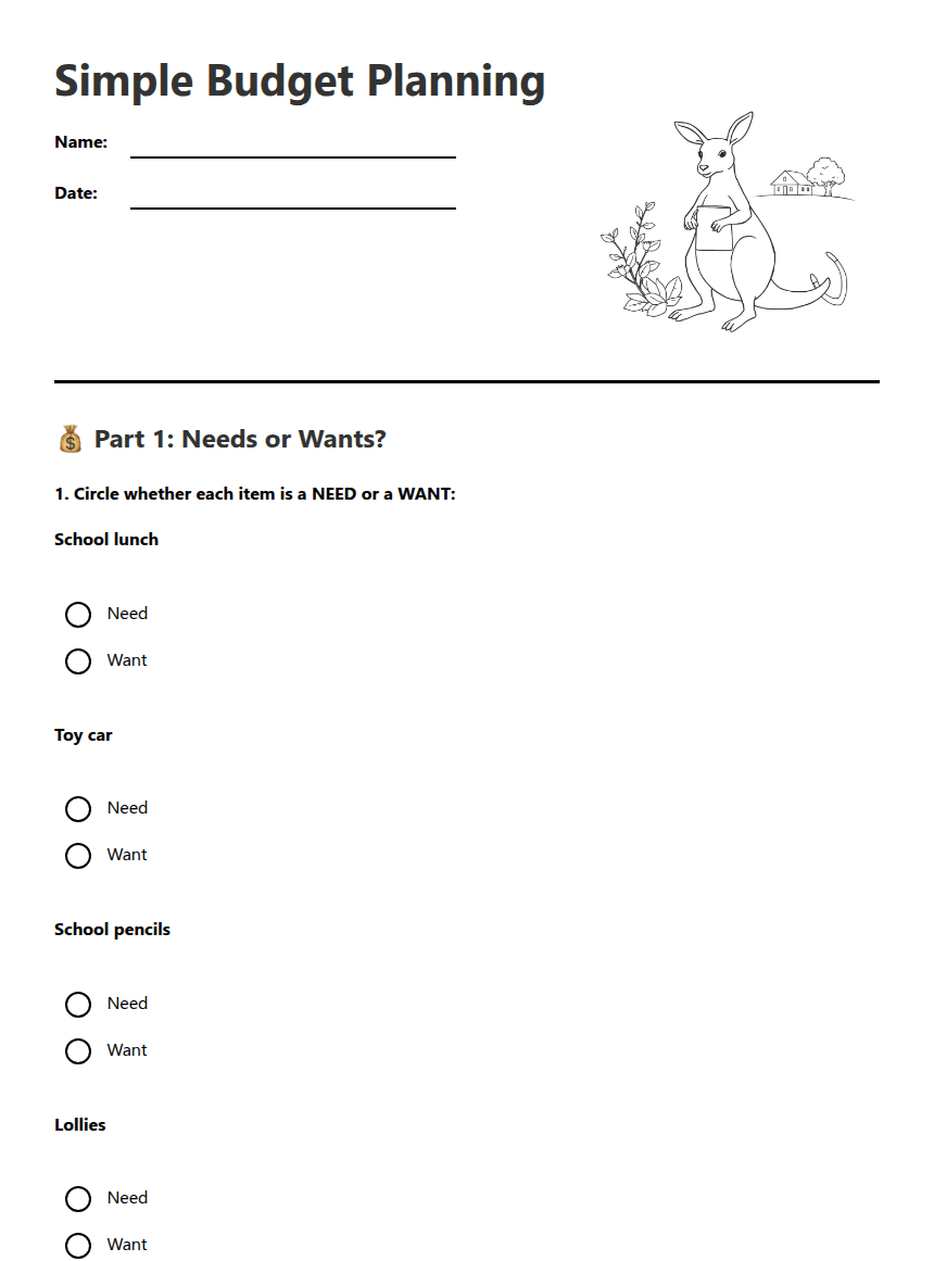 Simple Budget Planning worksheet preview