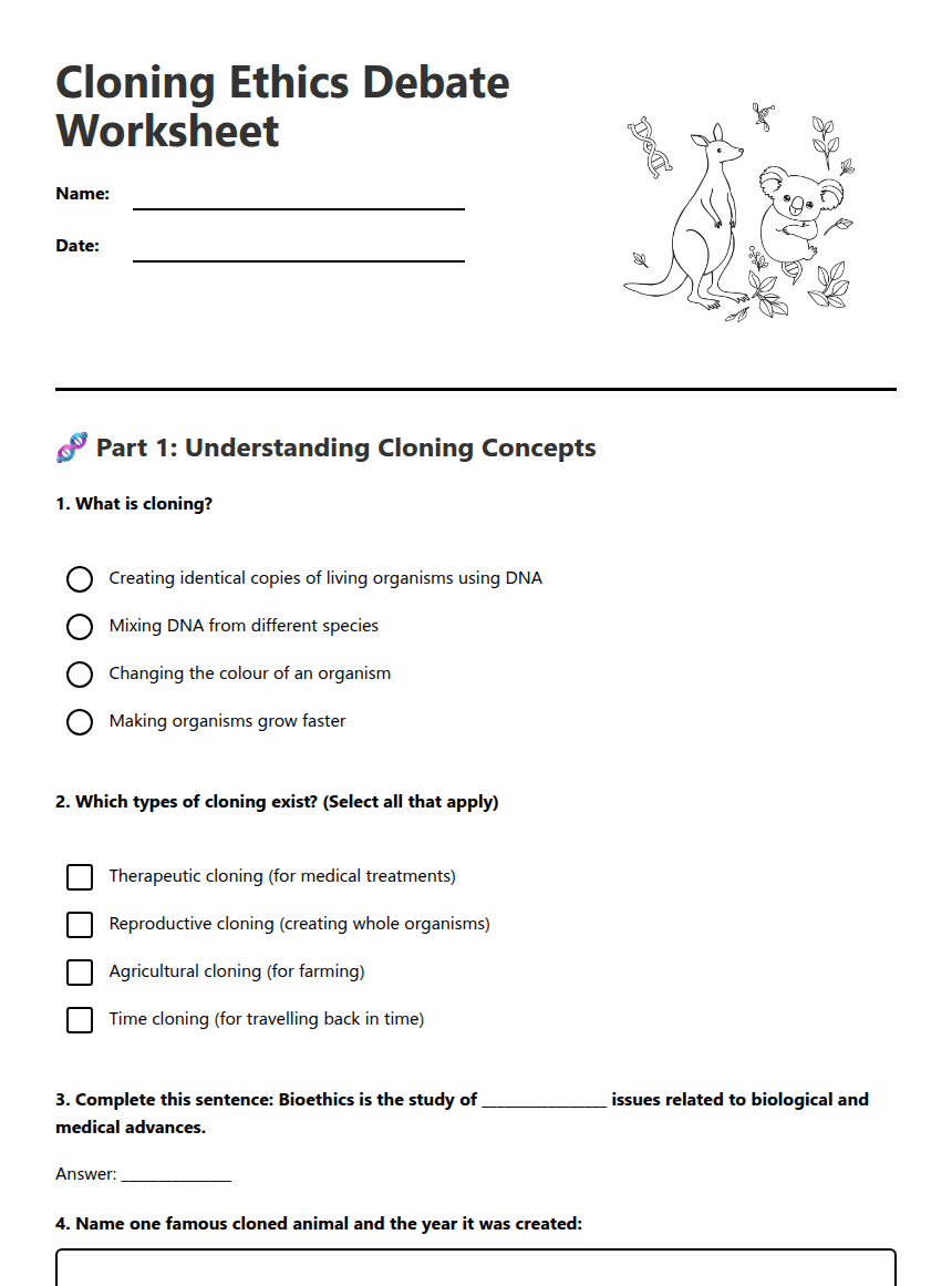 Cloning Ethics Debate Worksheet worksheet preview
