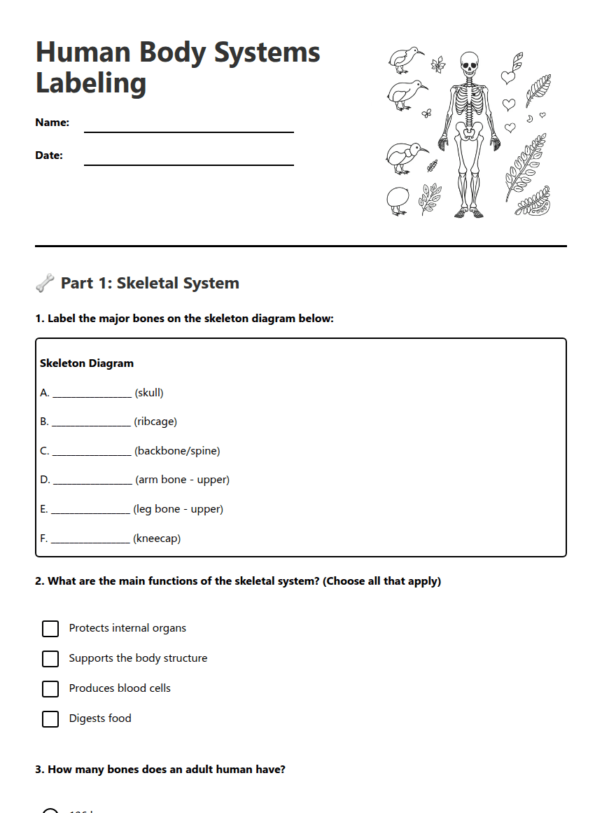 Human Body Systems Labeling worksheet preview