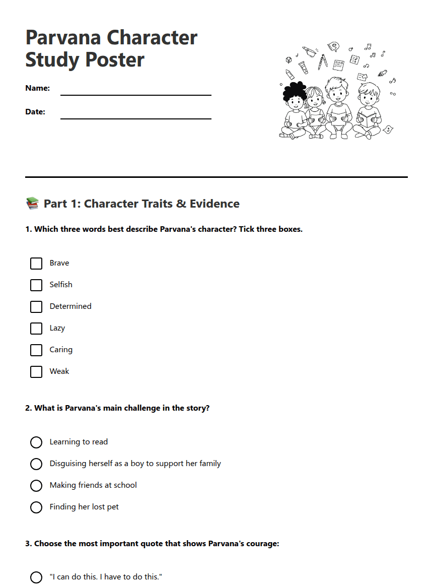 Parvana Character Study Poster worksheet preview