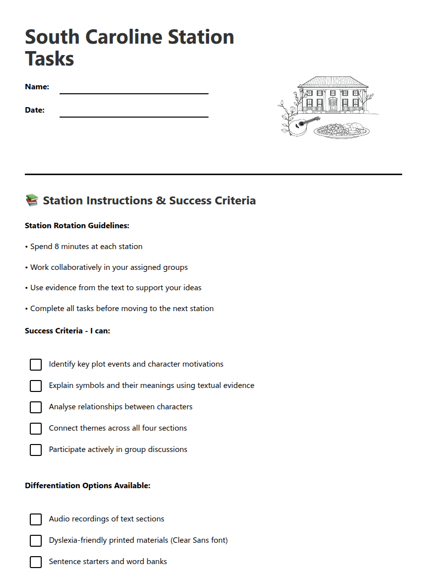 South Caroline Station Tasks worksheet preview