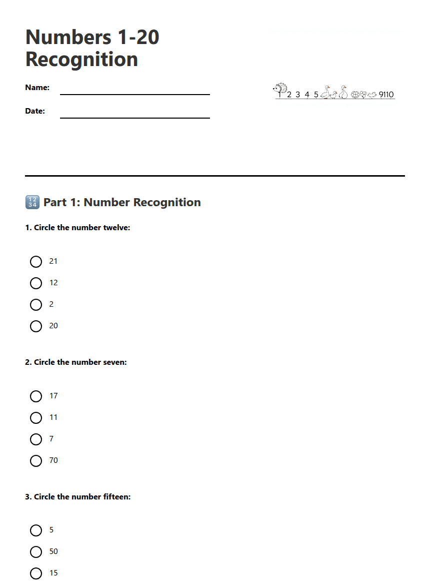 Numbers 1-20 Recognition worksheet preview