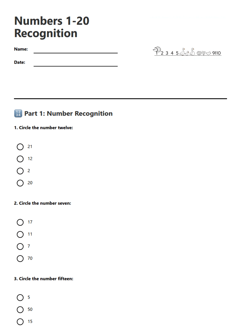 Numbers 1-20 Recognition