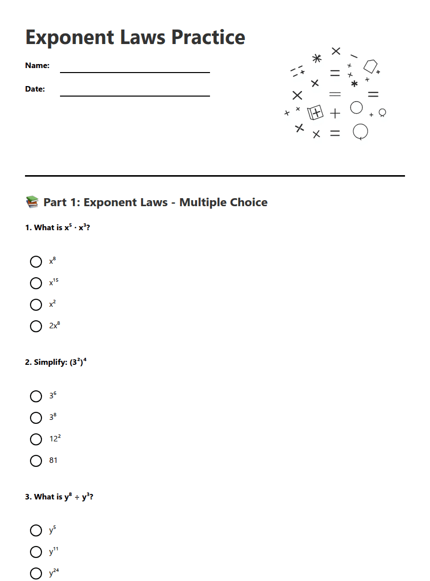 Exponent Laws Practice worksheet preview