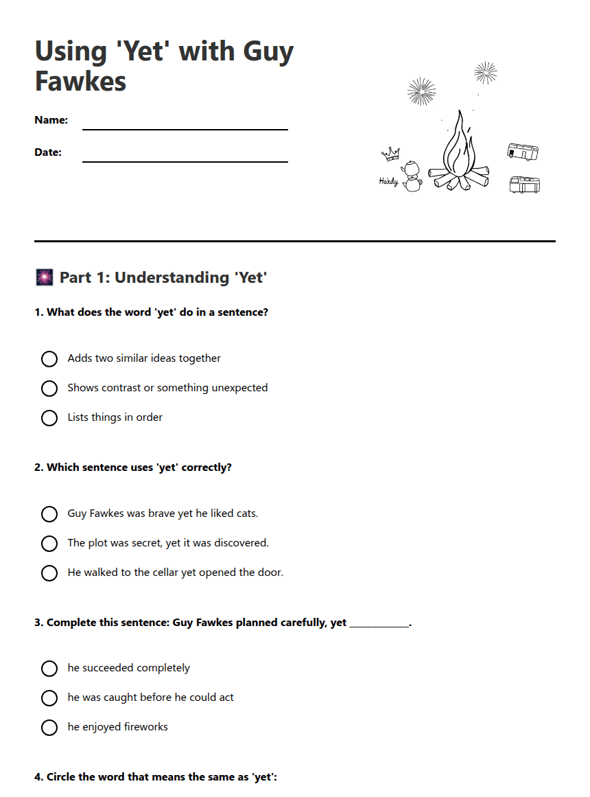 Using 'Yet' with Guy Fawkes worksheet preview