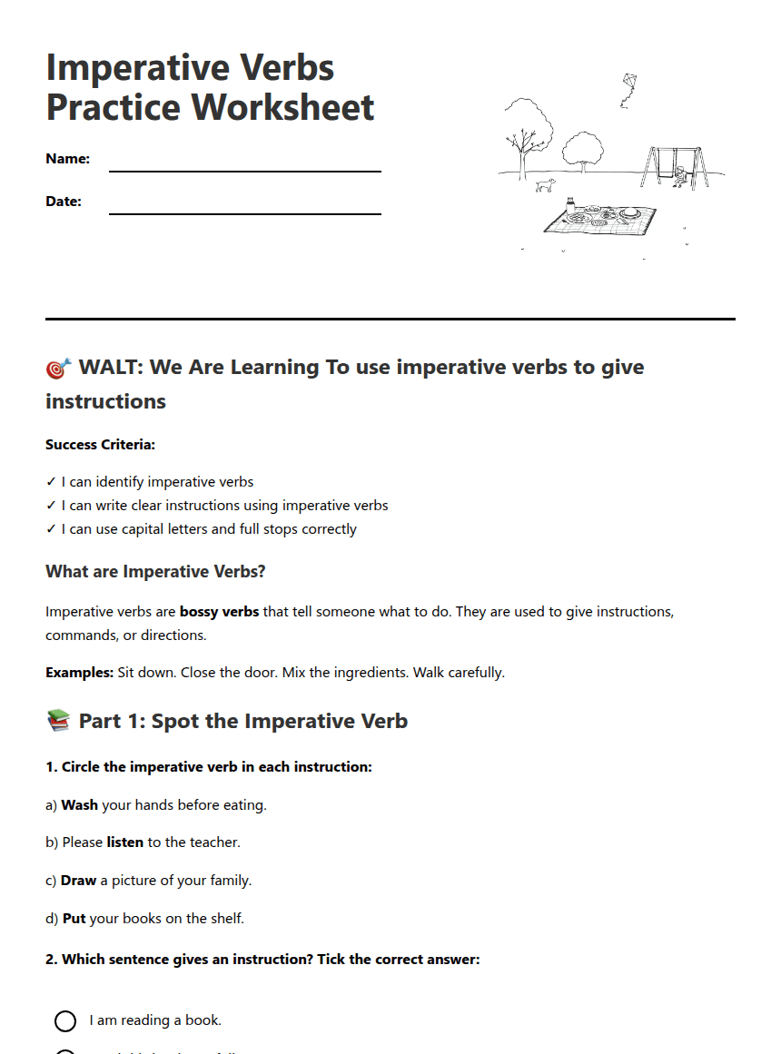 Imperative Verbs Practice Worksheet worksheet preview