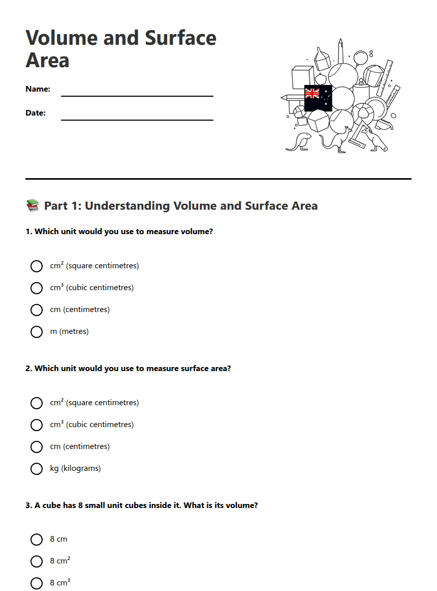 Volume and Surface Area worksheet preview