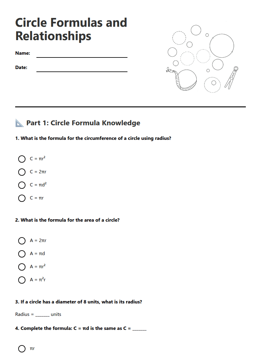 Circle Formulas and Relationships worksheet preview