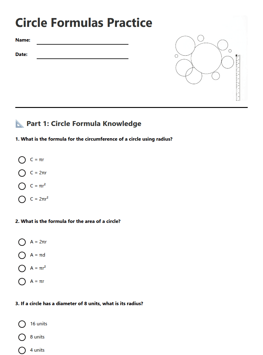 Circle Formulas Practice worksheet preview