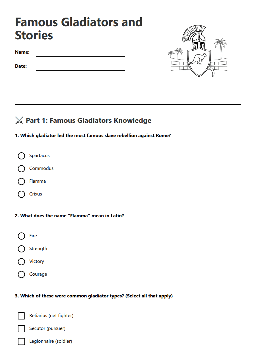 Famous Gladiators and Stories worksheet preview