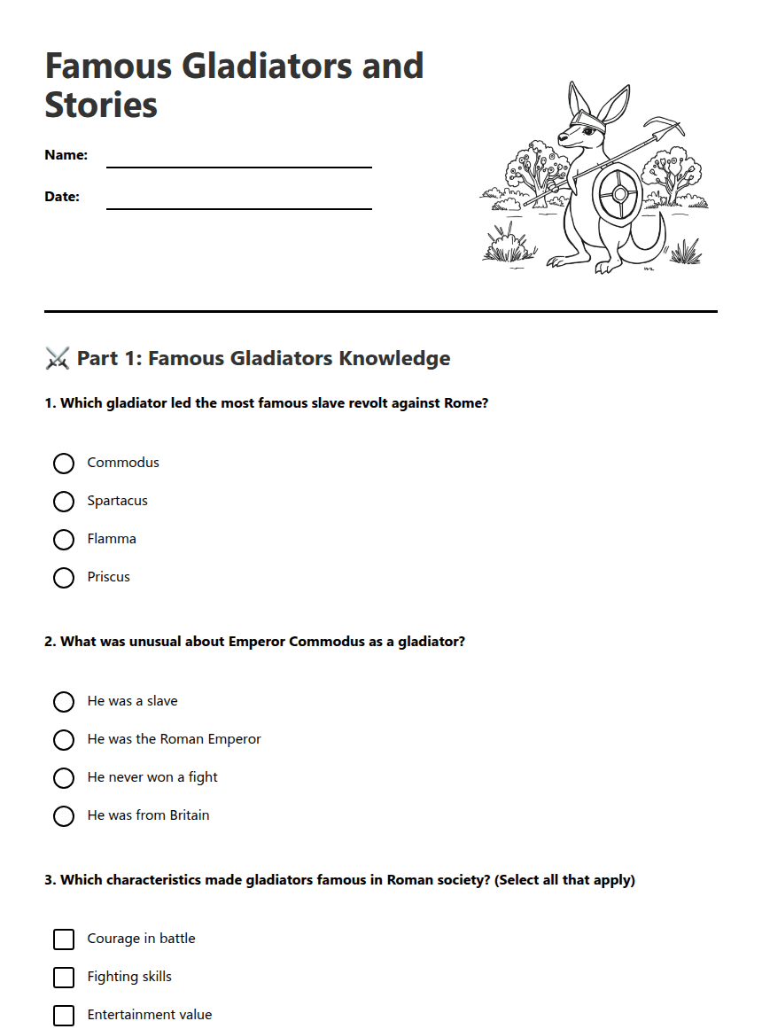 Famous Gladiators and Stories worksheet preview