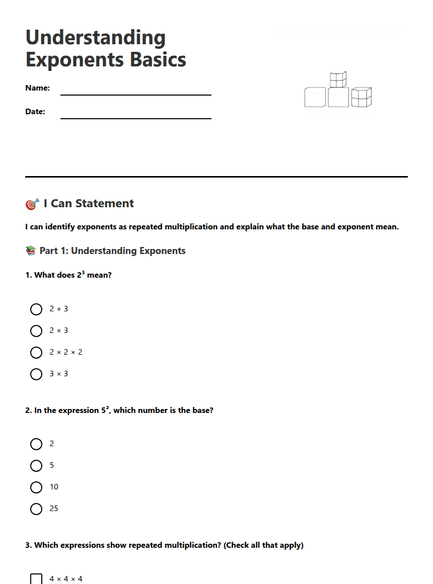 Understanding Exponents Basics worksheet preview