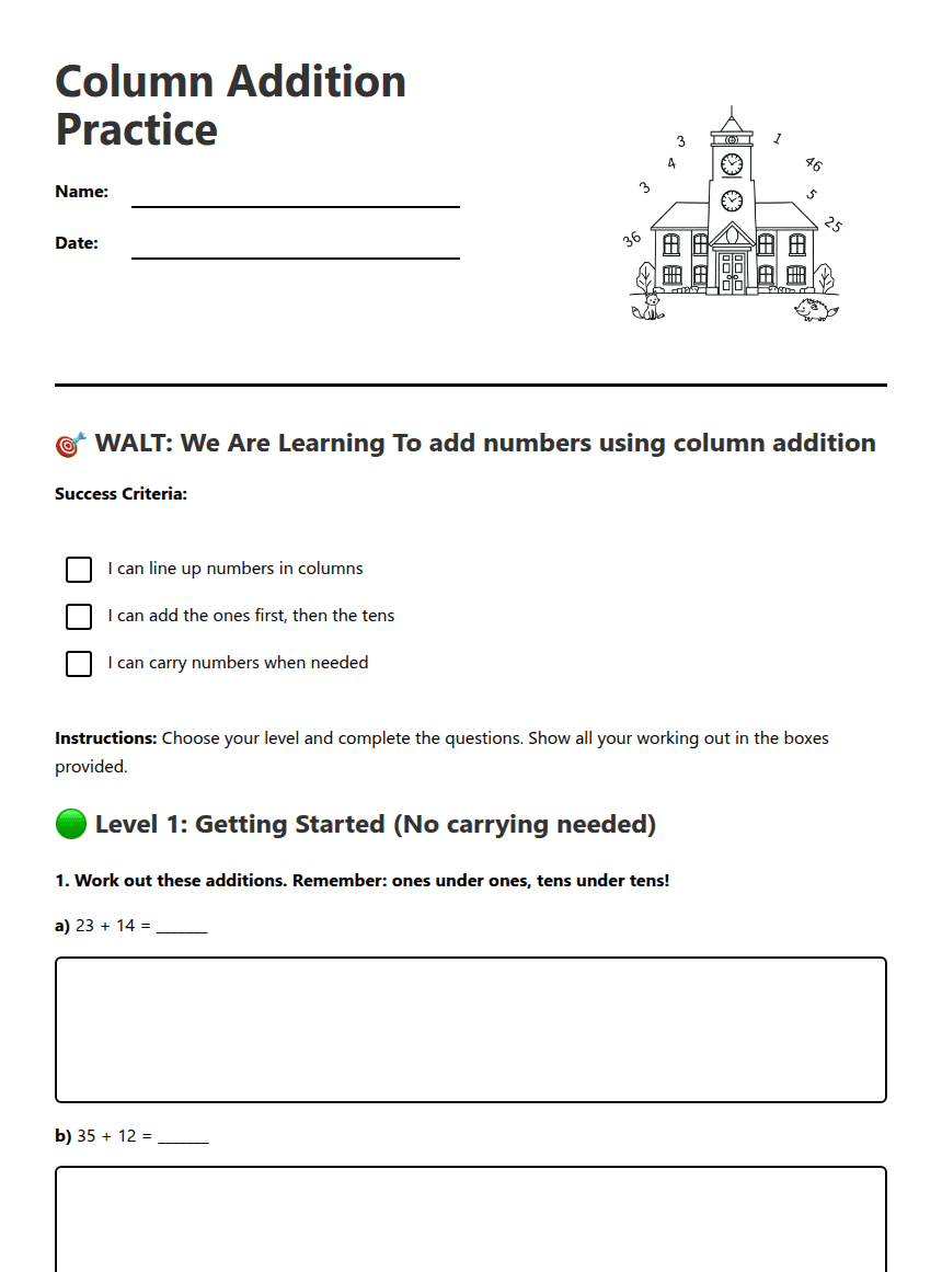 Column Addition Practice worksheet preview