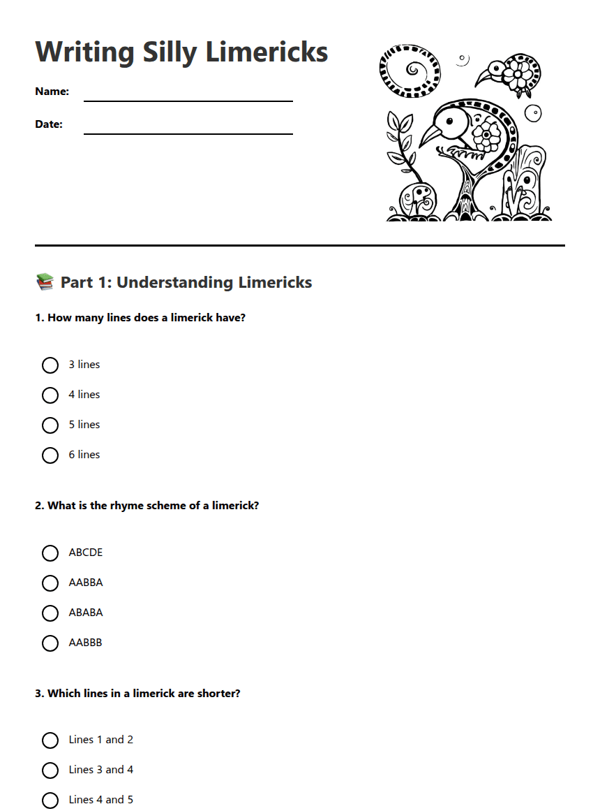 Writing Silly Limericks worksheet preview