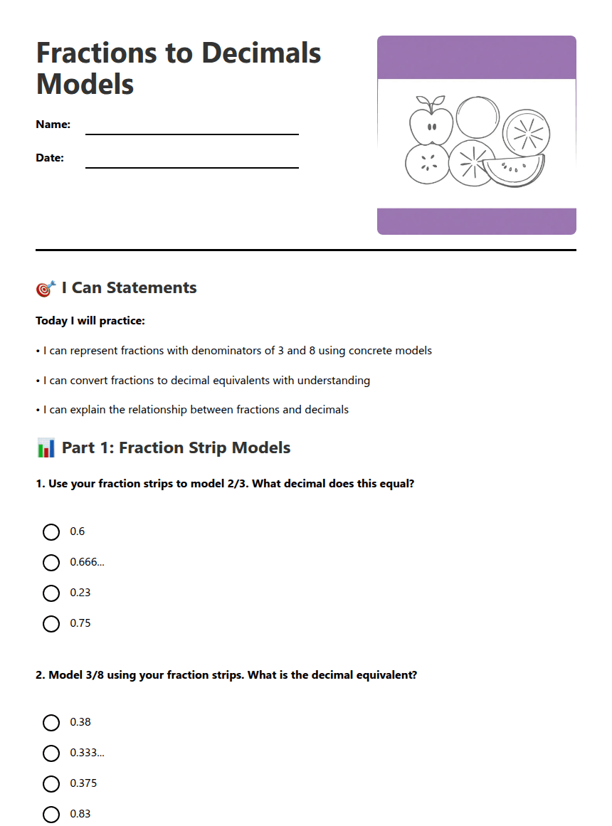 Fractions to Decimals Models worksheet preview