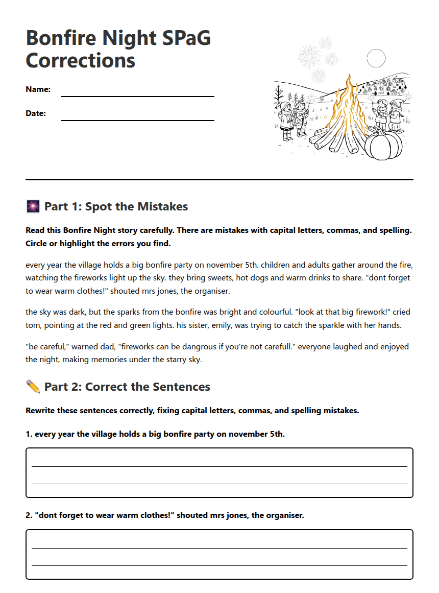 Bonfire Night SPaG Corrections worksheet preview