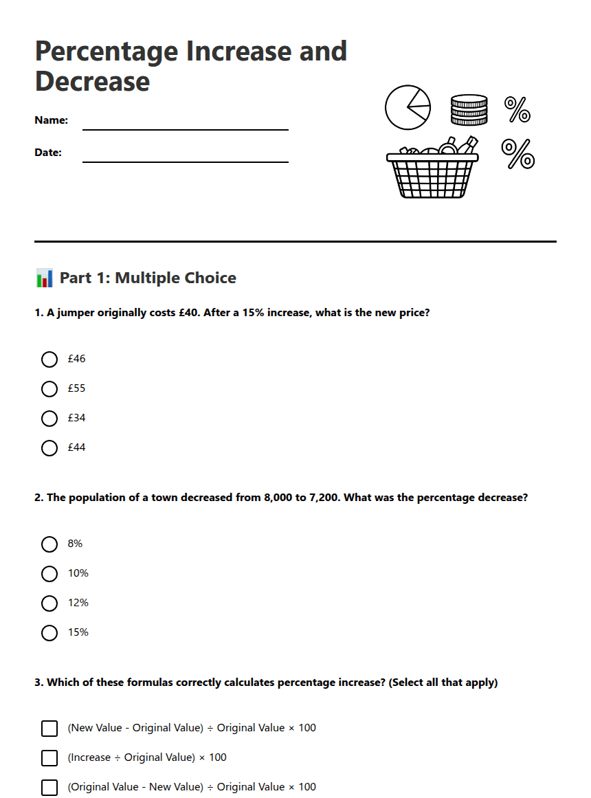 Percentage Increase and Decrease worksheet preview